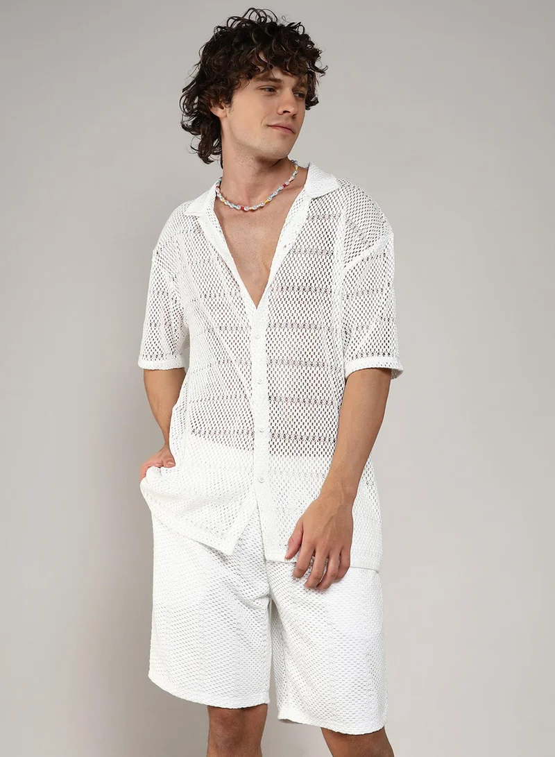 Campus Sutra Men's Chalk White Oversized Knit Co-Ord SetFor Casual Wear | Spread Collar | Short Sleeve | Button Closure | Co-Ords Crafted With Comfort Fit For Everyday Wear